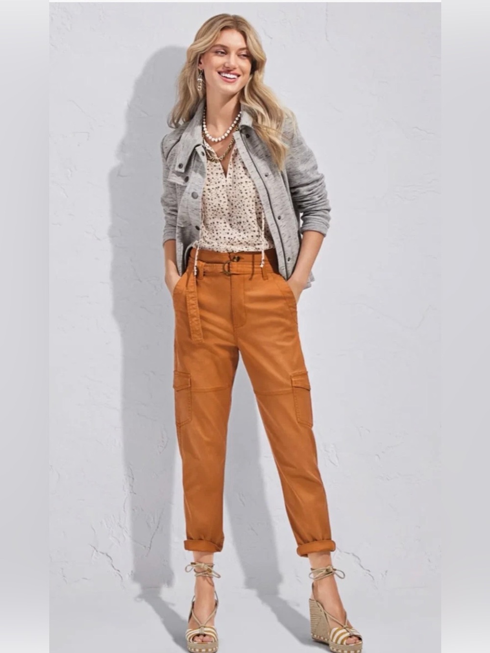 Cabi size 6 High-Rise Cargo Pants Paper Bag Belted Rust/Burnt Orange